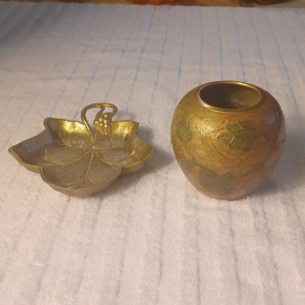 Brass Vase -Leaf Tray 80,Vintage Etched Floral Painted Group Of 2 One Price